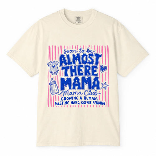 Comfort Colors ivory t-shirt with pink striped "Soon to Be, Almost There Mama, Mama Club" pregnancy mom life shirt design with baby onesie and bottle illustration