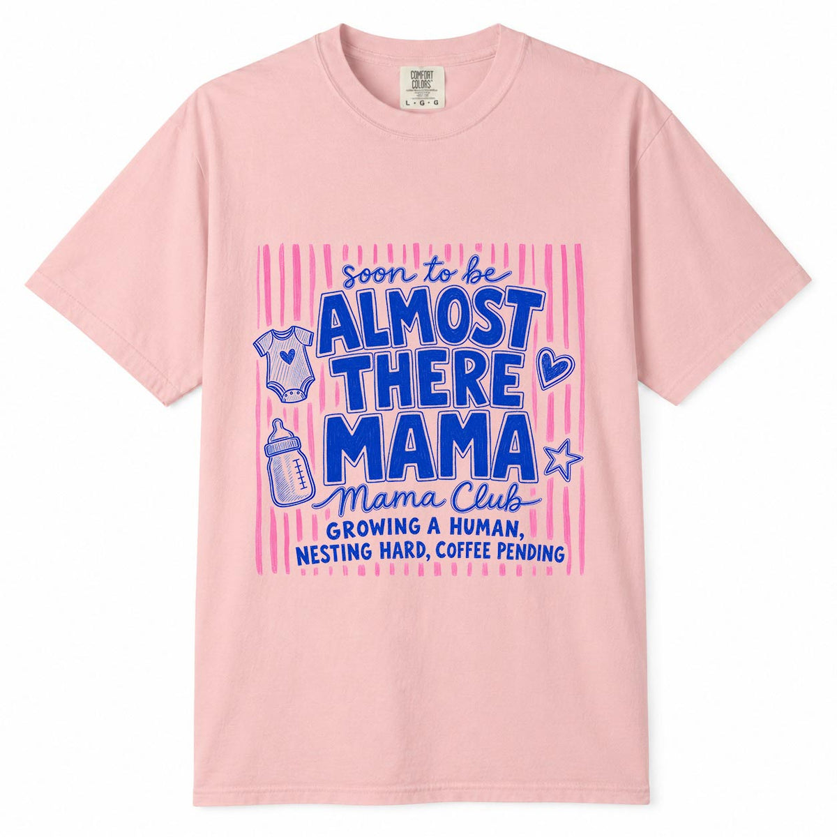 Comfort Colors blossom t-shirt with pink striped "Soon to Be, Almost There Mama, Mama Club" pregnancy mom life shirt design with baby onesie and bottle illustration