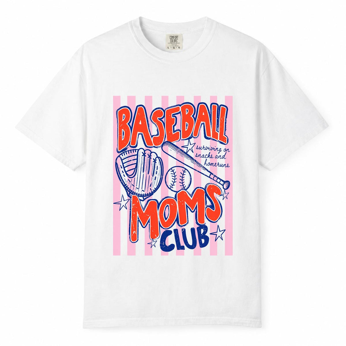 Comfort Colors white t-shirt with retro striped "Baseball Moms Club, Surviving on Snacks and Homeruns" mom life shirt design