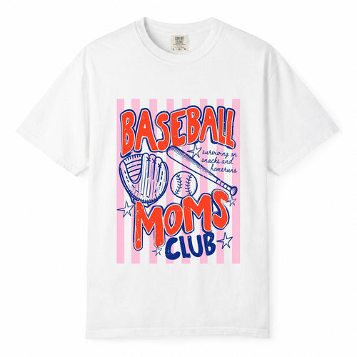 Comfort Colors white t-shirt with retro striped "Baseball Moms Club, Surviving on Snacks and Homeruns" mom life shirt design