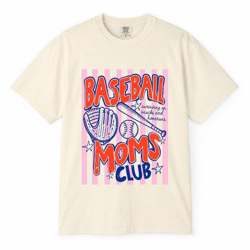 Comfort Colors ivory t-shirt with retro striped "Baseball Moms Club, Surviving on Snacks and Homeruns" mom life shirt design