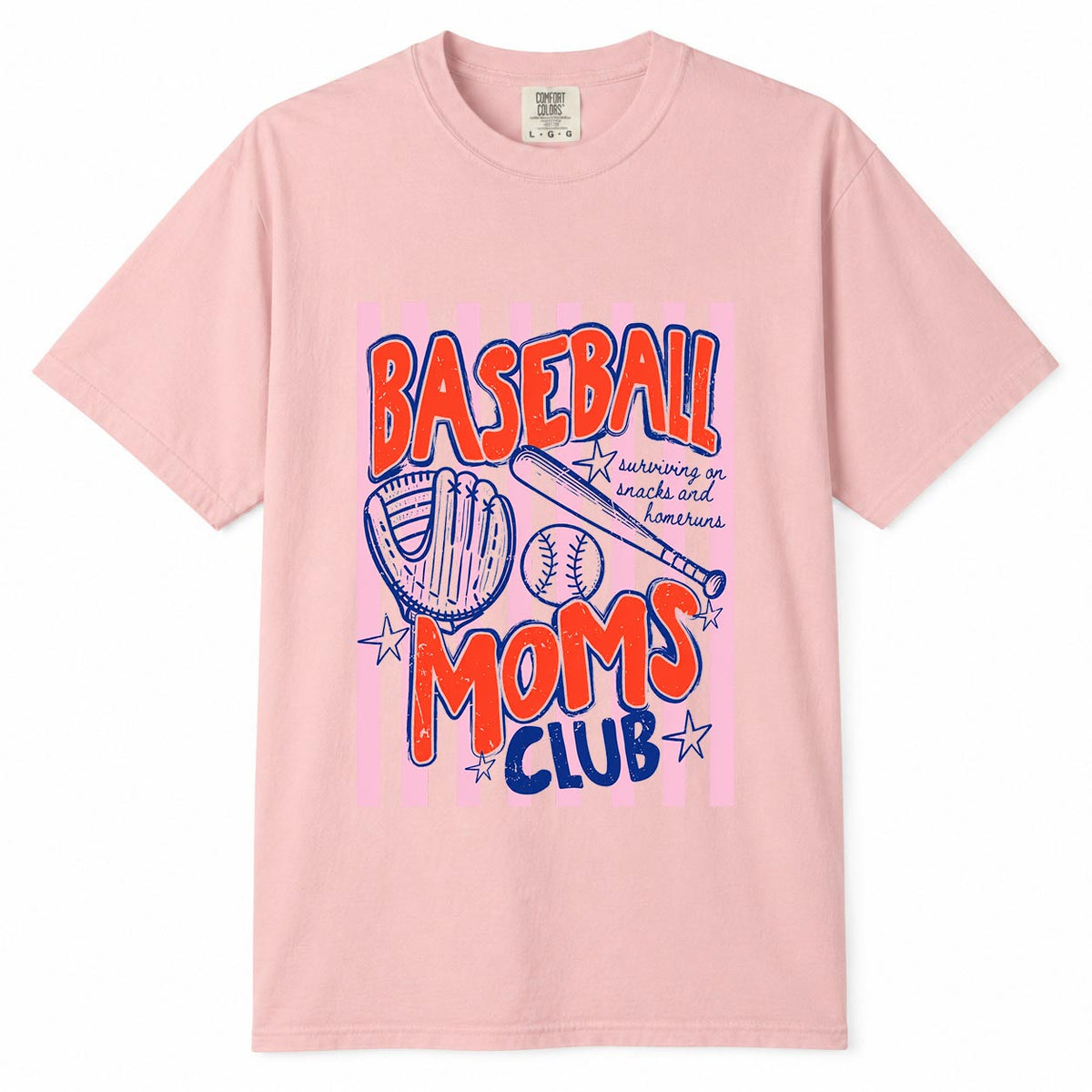 Comfort Colors blossom t-shirt with retro striped "Baseball Moms Club, Surviving on Snacks and Homeruns" mom life shirt design