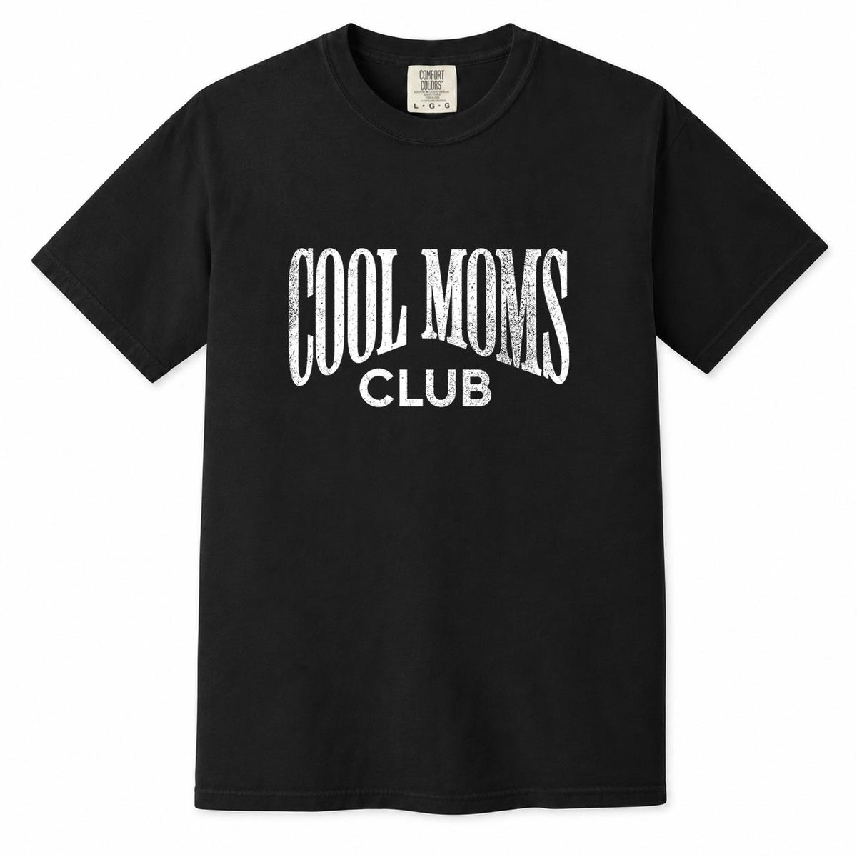 Black Comfort Colors t-shirt with distressed white vintage "Cool Moms Club" typography design