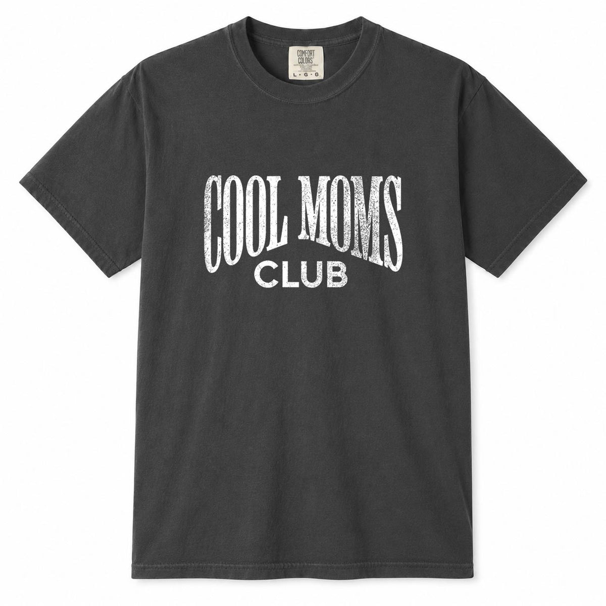 Gray Comfort Colors t-shirt with distressed white vintage "Cool Moms Club" typography design