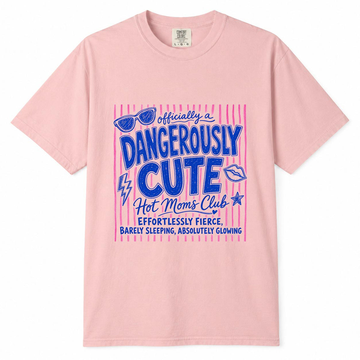 Comfort Colors blossom t-shirt with pink striped "Officially a Dangerously Cute, Hot Moms Club" mom life shirt design with sunglasses and lips illustration