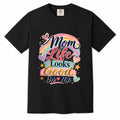 Black Comfort Colors t-shirt with colorful pastel rainbow "Mom Life Looks Good On Me" hand-lettered design