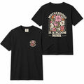 Black Comfort Colors two-sided t-shirt with floral "Motherhood Is Kingdom Work" design and Proverbs 31:25-27 quote on back