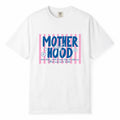 Comfort Colors white t-shirt with pink striped "Motherhood, some days I rock it, some days it rocks me" mom life shirt design with bow and flowers