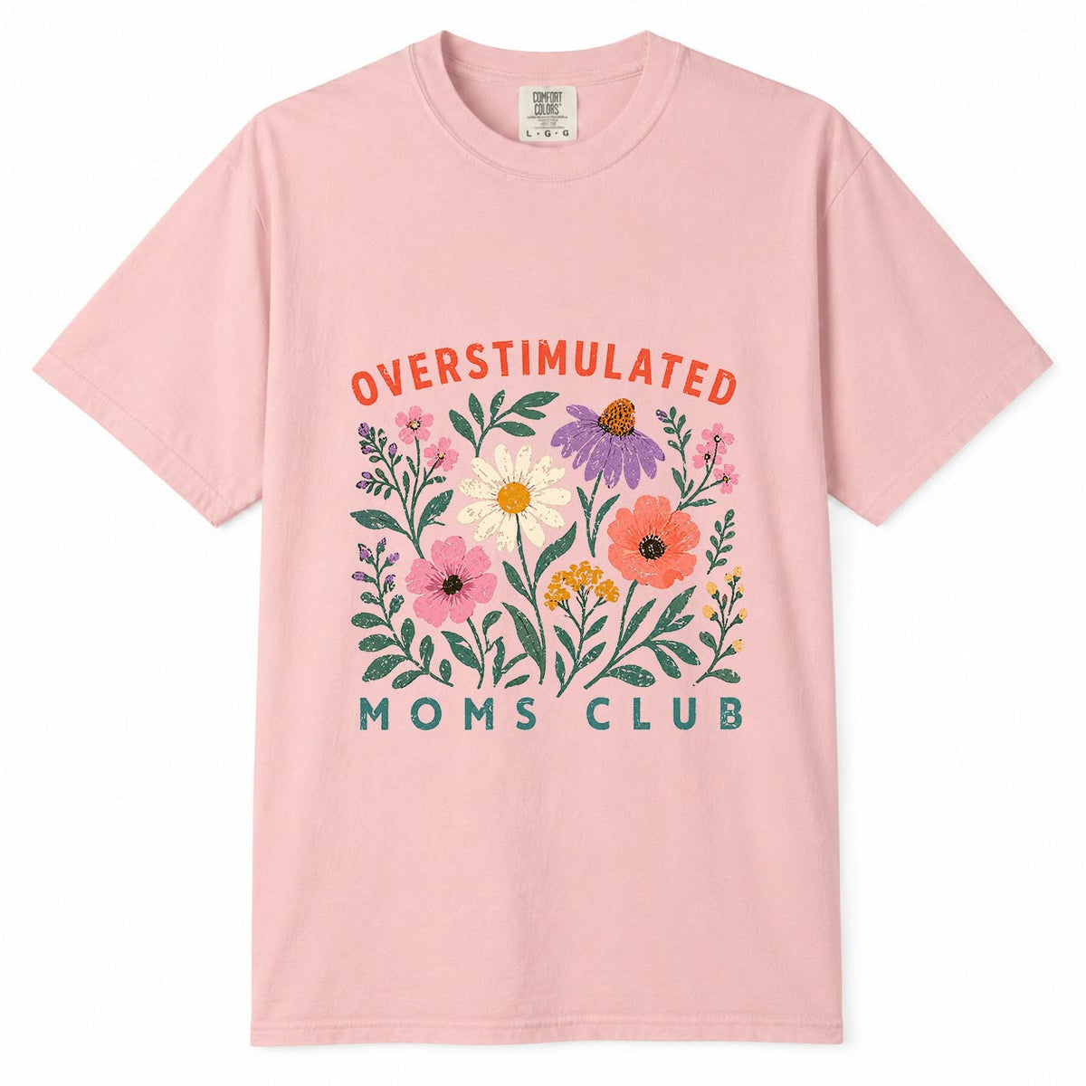 Comfort Colors blossom t-shirt with vintage wildflower "Overstimulated Moms Club" floral design