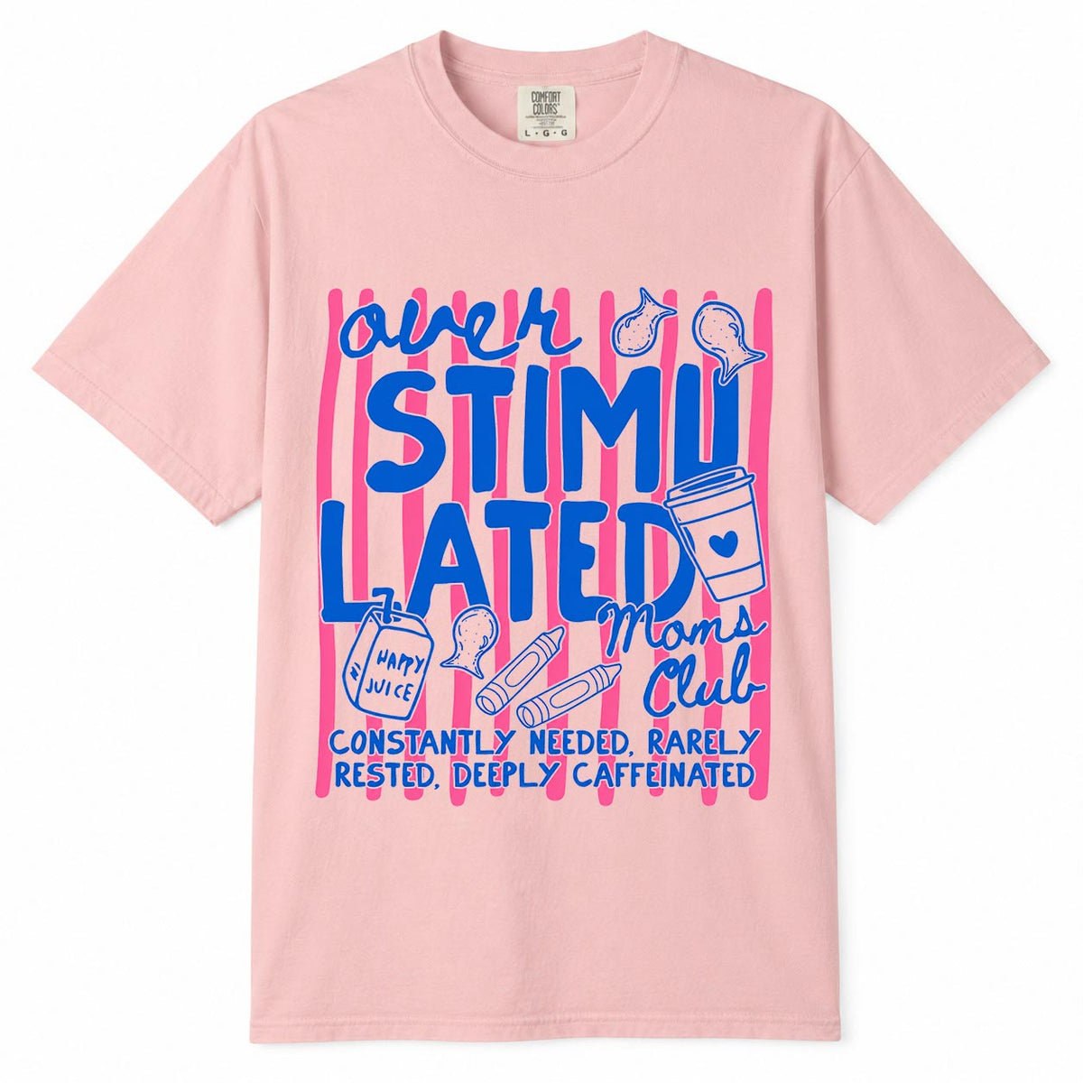 Overstimulated Moms Club Comfort Colors t-shirt with funny mom life quote and coffee, crayons, juice box doodle design