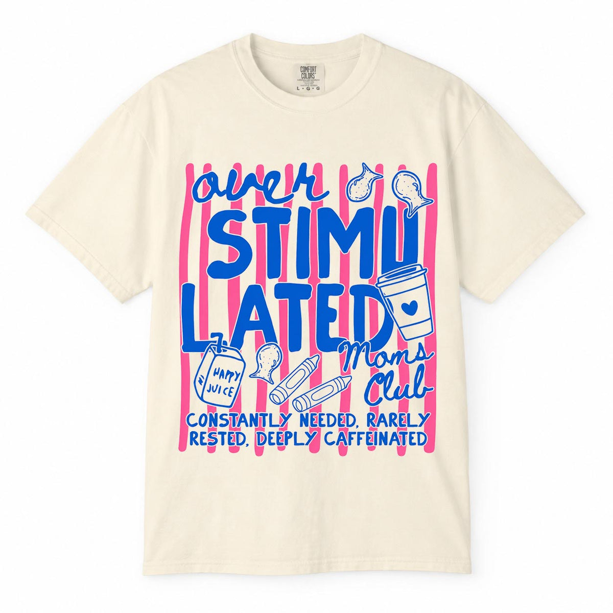 Overstimulated Moms Club Comfort Colors t-shirt with funny mom life quote and coffee, crayons, juice box doodle design