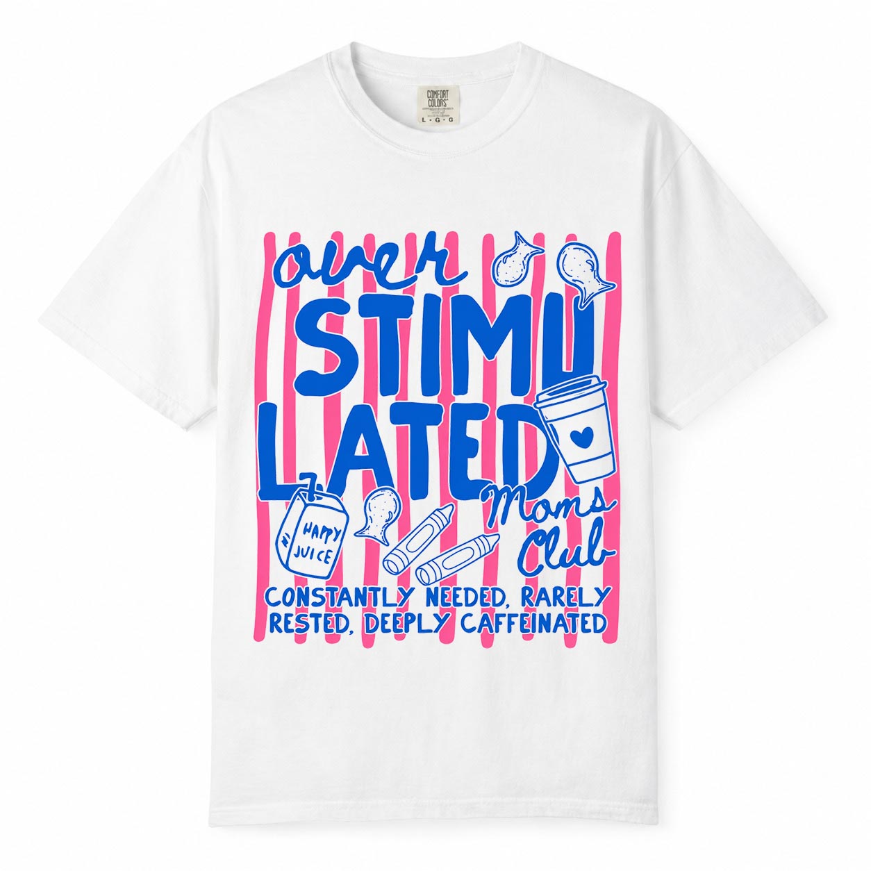 Overstimulated Moms Club Comfort Colors t-shirt with funny mom life quote and coffee, crayons, juice box doodle design