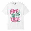 Comfort Colors white t-shirt with pink and green "Tired Moms Coffee Club, All Day Every Day" tired mom life shirt design with coffee mug and moka pot illustration